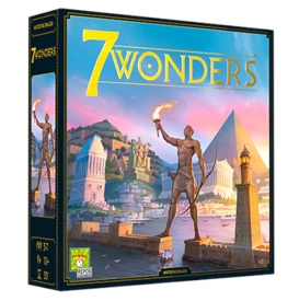 De doos van het bordspel 7 Wonders met antieke wereldwonderen