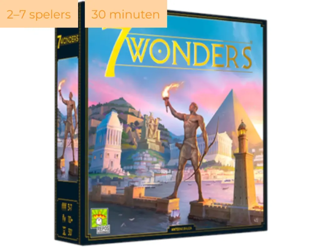De doos van het bordspel 7 Wonders met antieke wereldwonderen