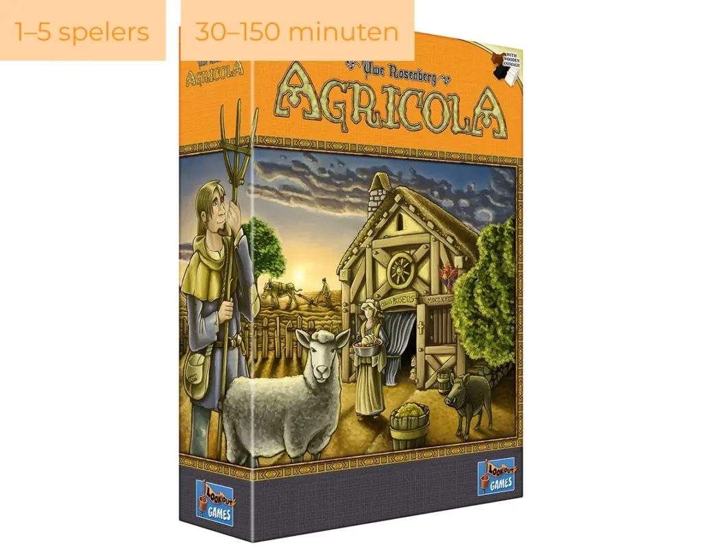 De doos van het bordspel Agricola met een afbeelding van een boerderij, een boer met een hooivork, schapen en een dorpserf bij zonsondergang.