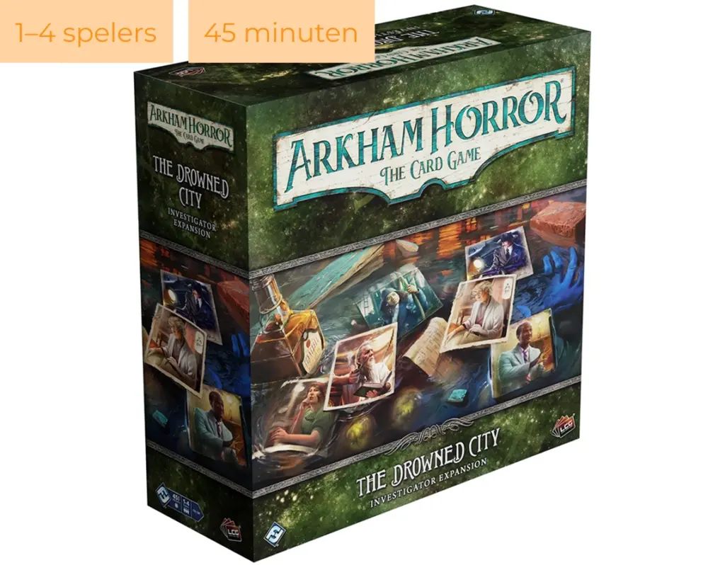 De uitbreidingsdoos van Arkham Horror The Card Game met een afbeelding van detectives en een duister waterlandschap.
