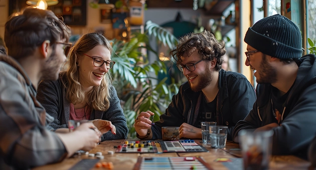Jongeren spelen een bordspel in de gezellige sfeer van een café