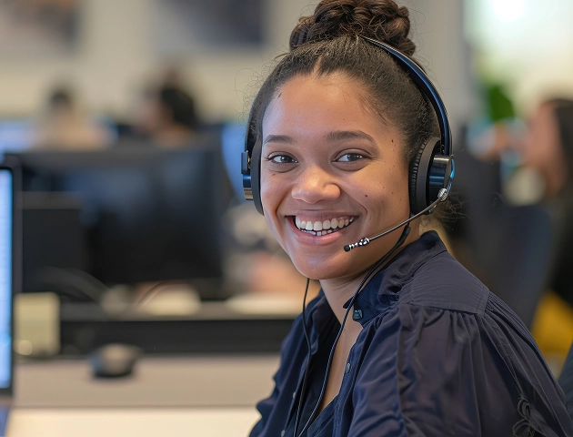 Een glimlachend meisje met een headset werkt als callcentermedewerkster achter een computer op kantoor