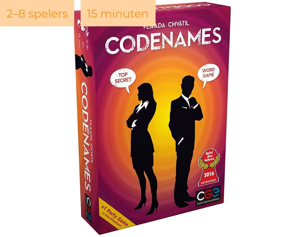 Doos van het bordspel Codenames met silhouetten van agenten