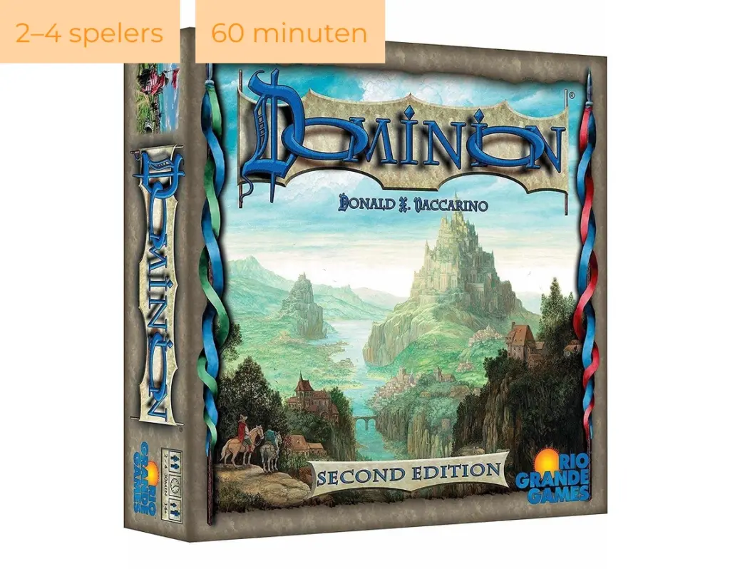 De doos van het bordspel Dominion Second Edition met een fantasielandschap