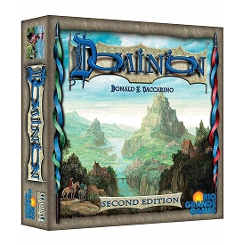 De doos van het bordspel Dominion Second Edition met een fantasielandschap
