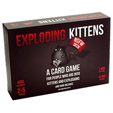 De doos van het kaartspel Exploding Kittens met een afbeelding van een kat en een donker ontwerp