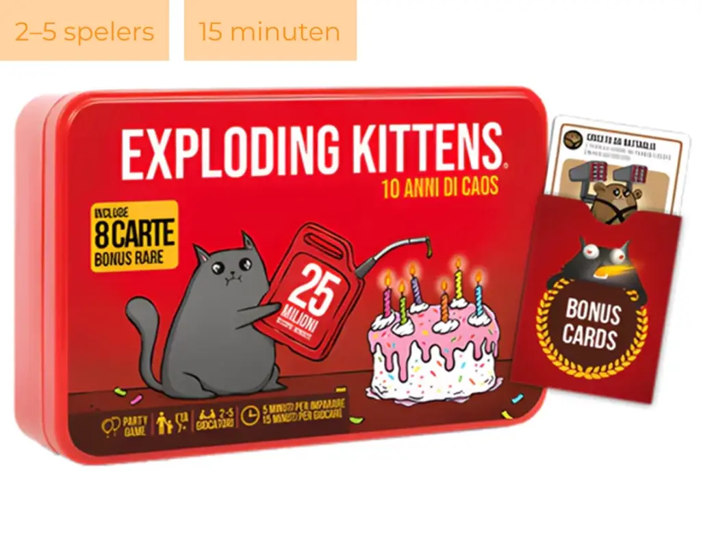 De doos van het kaartspel Exploding Kittens met een afbeelding van een kat en een donker ontwerp