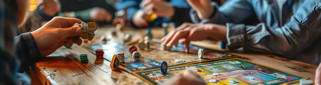 Een groep vrienden speelt een bordspel aan een houten tafel