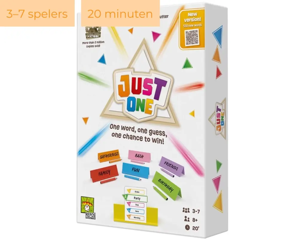 De doos van het bordspel Just One met een witte achtergrond en daarop gekleurde figuren.