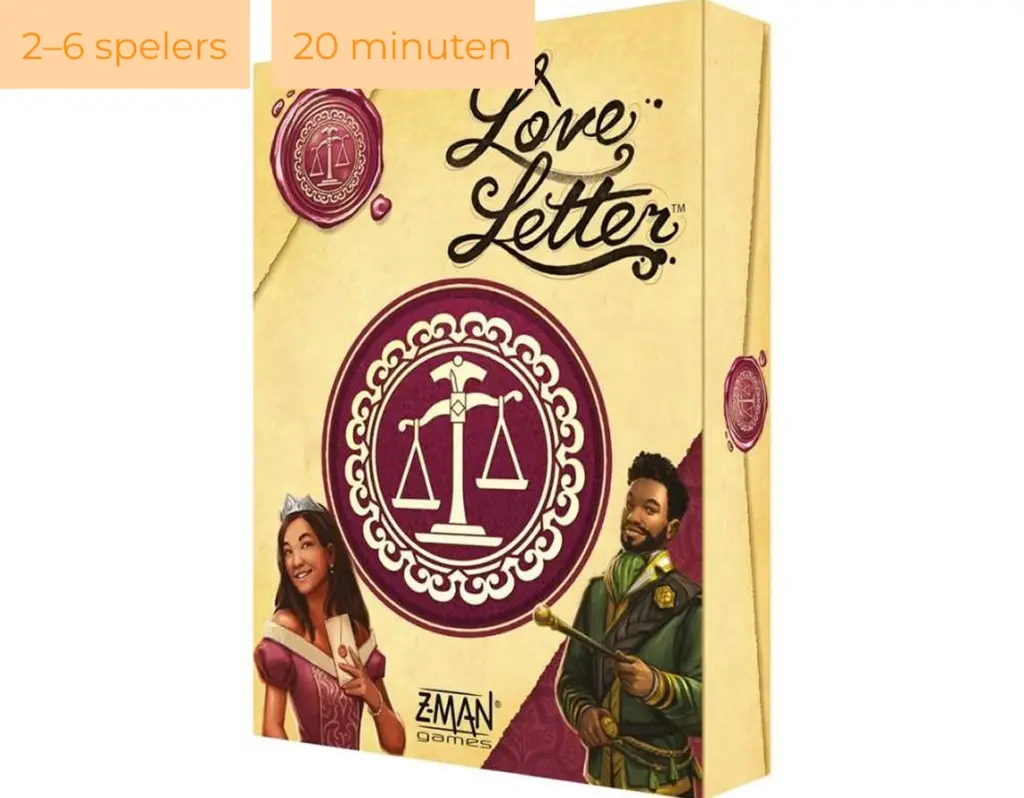 Een beige Love Letter-doos met opdruk en illustraties van personages in middeleeuwse stijl