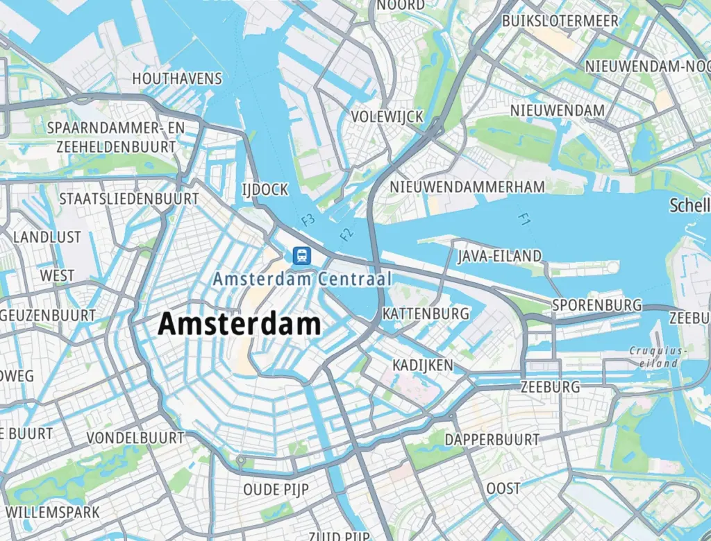 Google-kaart van Amsterdam in verschillende kleuren, met wegen en straten