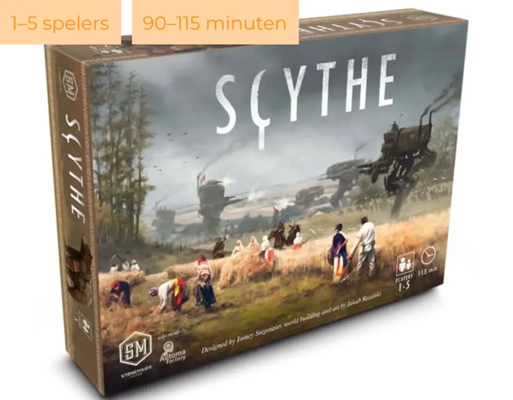De doos van het bordspel Scythe met een afbeelding van een alternatief verhaal en mechanismen op het speelbord