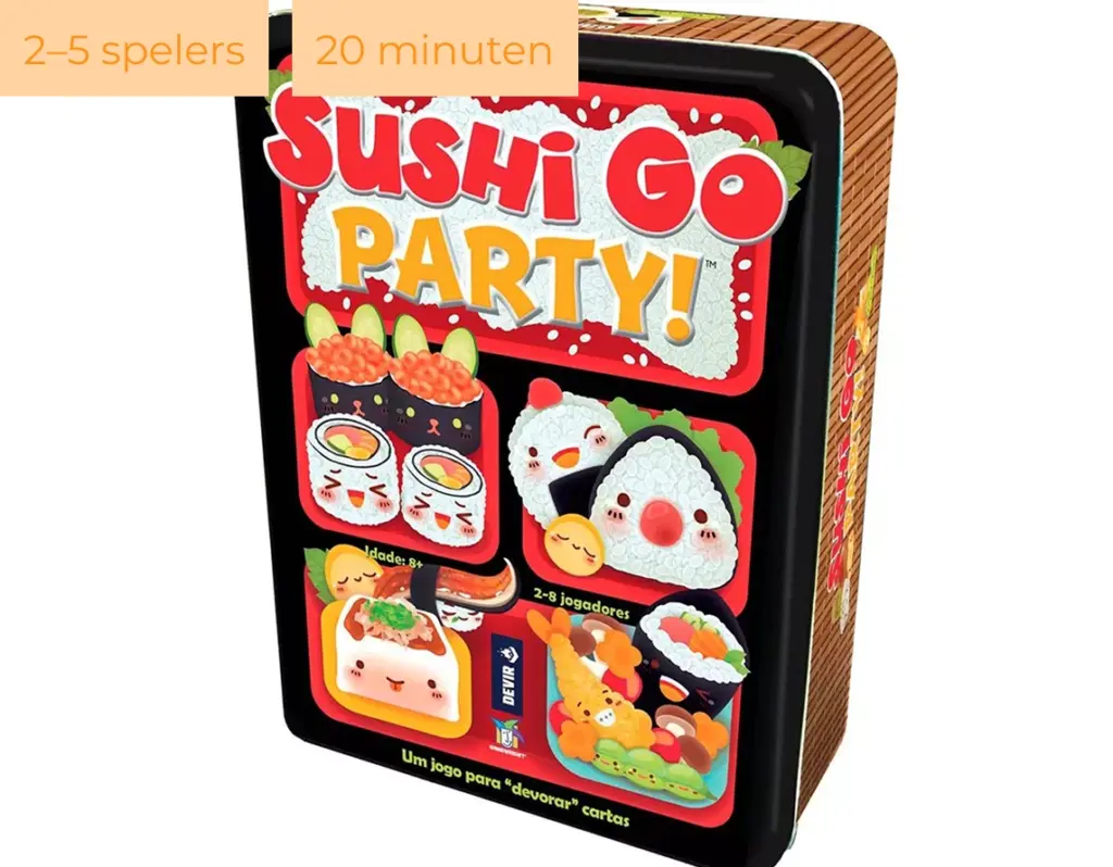 De kleurrijke doos van het spel Sushi Go Party met schattige sushi-illustraties en een vrolijk ontwerp, perfect voor een gezellig gezelschap.