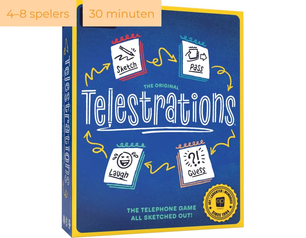De doos van het bordspel Telestrations met een blauwe achtergrond en afbeeldingen van de verschillende fasen van het spel: tekenen, doorgeven, raden en lachen.