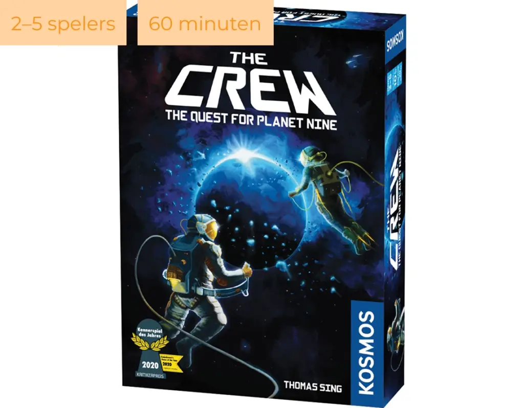 De doos van het bordspel The Crew met een afbeelding van astronauten die door de ruimte naar een mysterieuze planeet vliegen.