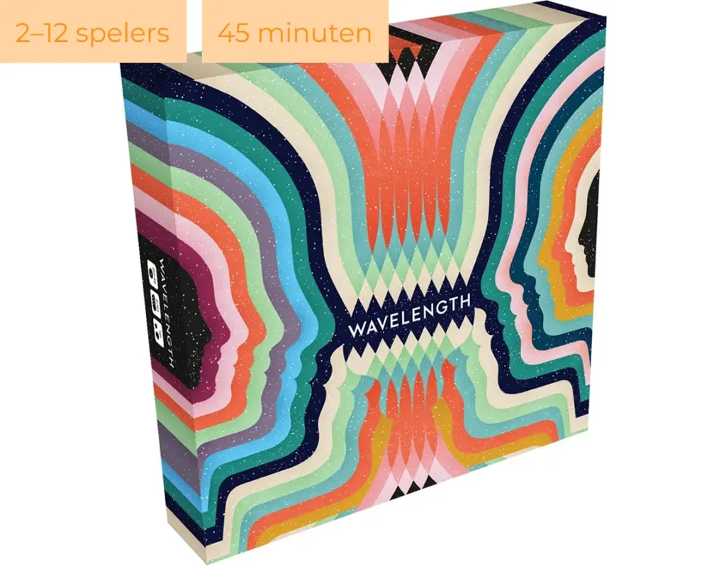 De doos van het bordspel Wavelength met een opvallend abstract patroon van veelkleurige golven en gezichtssilhouetten.