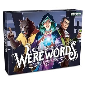 Een Werewords-doos met een afbeelding van een weerwolf, een tovenares en een man tegen de achtergrond van een donkere stad