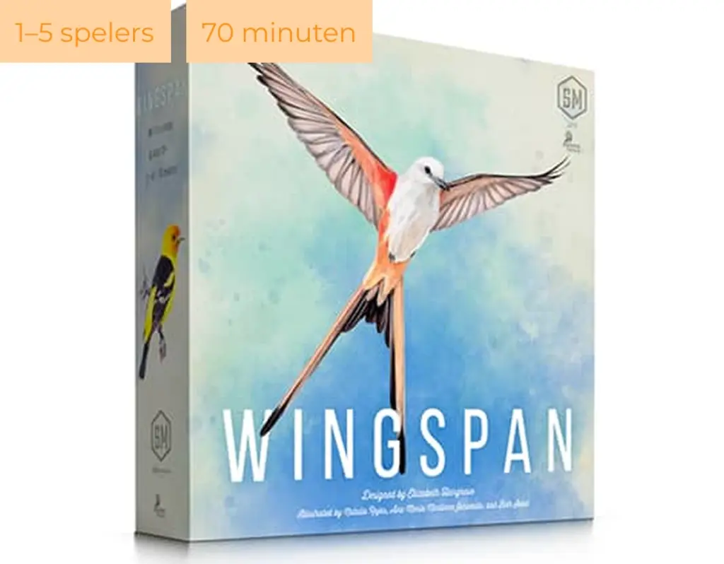 De doos van het bordspel Wingspan met een afbeelding van een vogel op een lichte achtergrond