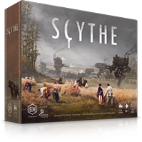 De doos van het bordspel Scythe met een afbeelding van een alternatief verhaal en mechanismen op het speelbord