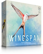 De doos van het bordspel Wingspan met een afbeelding van een vogel op een lichte achtergrond